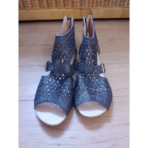 Cute Silver Sparkling Dress Sandals. Boho Buckle Zip Closure Sz41
